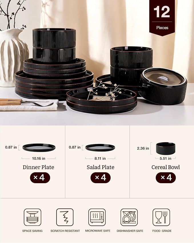 Line Porcelain Dinnerware Set, dish set for 4, Black | Premium dinnerware set, chip-resistant & durable. Safe for dishwasher, microwave, oven. For daily meals to festive feasts