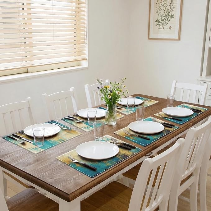 Emvency Farmhouse Placemats Set of 6, 12x18 Inch, Teal Modern Gold Blue | Farmhouse Modern Art Painting Table Mats for Outdoor Home Party Kitchen Dining Decoration
