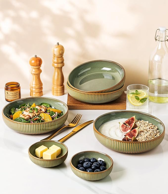 8.5" Ceramic Pasta Bowls Set of 4, Salad Bowls | Versatile Serving Bowls for Pasta, Salad, Fruit & Noodles, Housewarming & Wedding Gift, Sage Umber