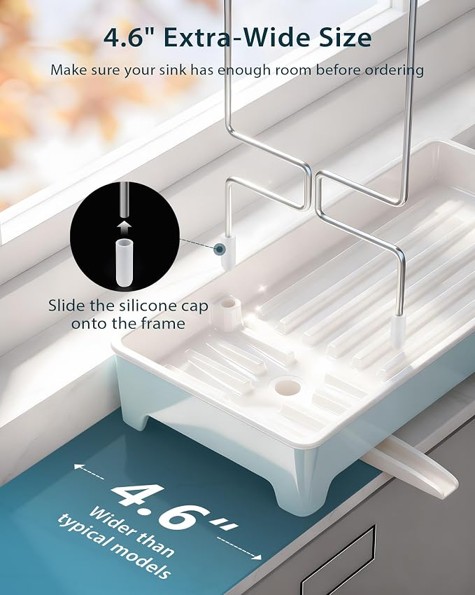 Minimalist Sink Caddy, Rustproof Sponge Holder for Kitchen Sink Blue | Large Rustproof countertop organizer with 304 stainless steel brush holder, raised ridges and silicone drain tube