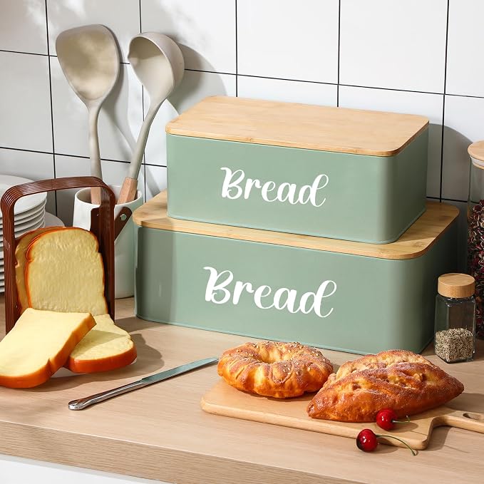Teenyyou 2 Pcs Extra Large Bread Box with Slicer, Metal Bread Storage Container with Bamboo Cutting Board Lids, 2 Sizes Farmhouse Breadbox Set for Kitchen Countertop(Sage Green)