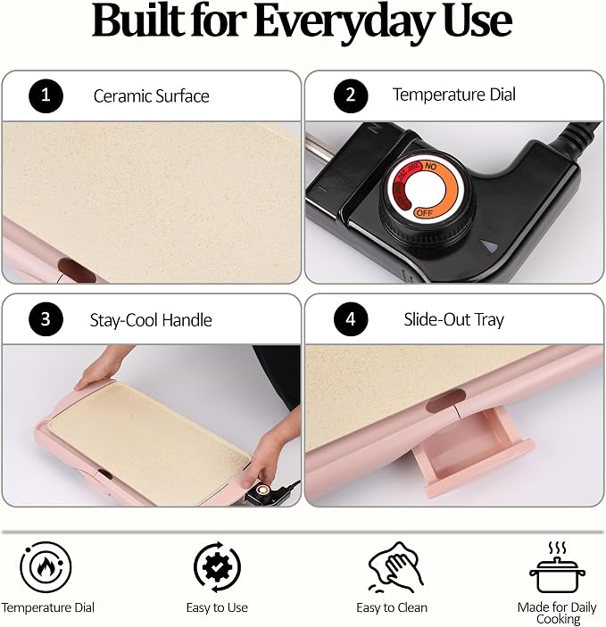 20" Pink Electric Griddle & Skillet with Ceramic Non-Stick Surface, 1400W Family-Sized Extra Large Baking Pan, Adjustable Temperature & Slide-Out Drip Tray