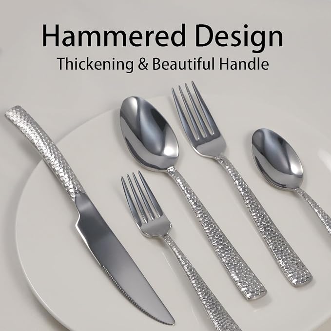 Hammered Silverware Set, 20 Piece Stainless Steel Flatware Set for 4, Food-Grade Tableware Cutlery Set for Home Restaurant, Mirror Polished, Dishwasher Safe