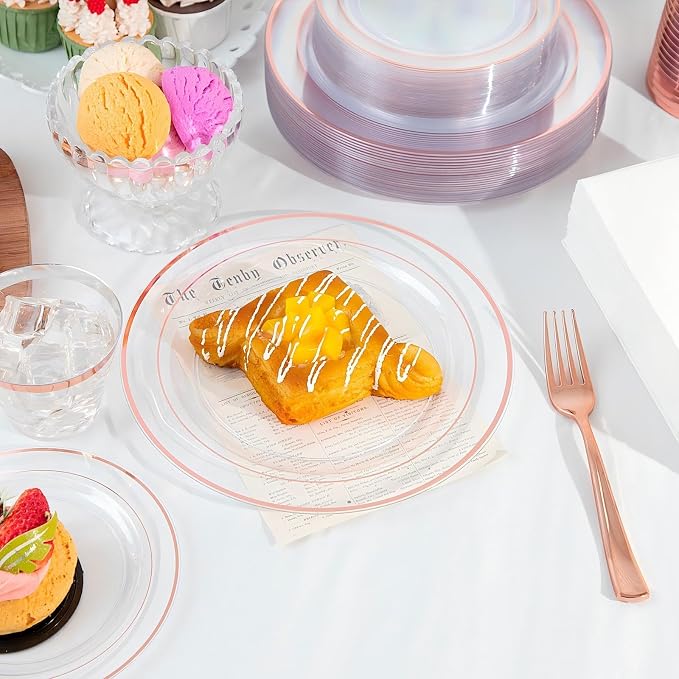 GATHER 350PCS Clear Rose Gold Plastic Plates for Wedding and Party | Rose Gold Disposable Dinnerware include 100 Plastic Plates, 150 Silverware, 50 Napkins, 50 Cups for Baby Shower Bithday