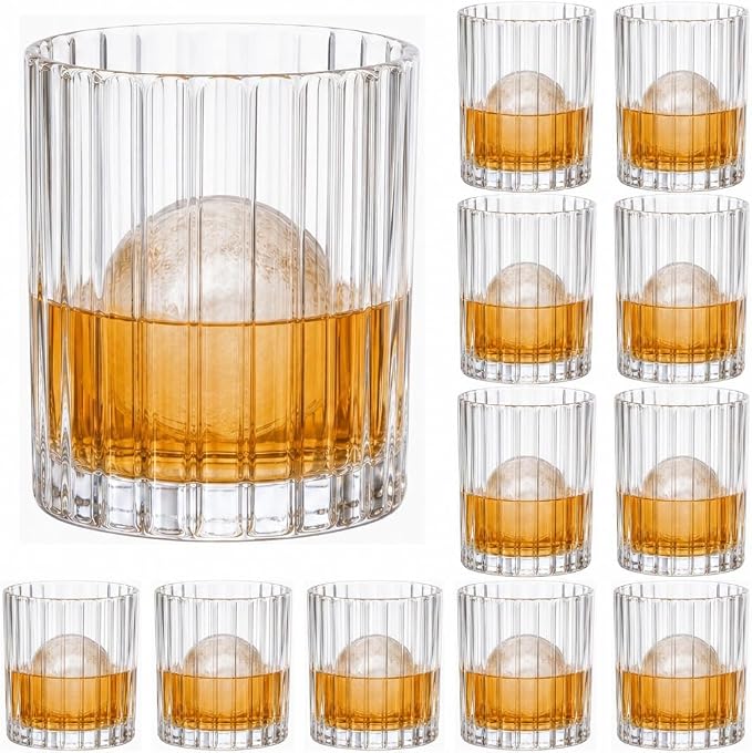 10oz Ribbed Glass Cups Set of 12, Clear Vertical Striped Drinking Glasses, Vintage Glass Tumblers for Water, Coffee, Whiskey, Cocktails, Kitchen & Bar