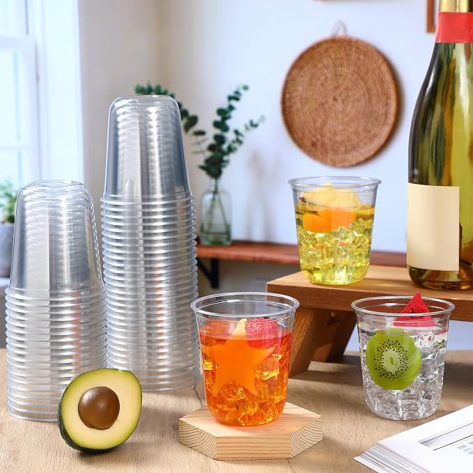 Ziliny 100 Pcs 14oz Plastic Stemless Wine Glasses Disposable, Clear | Plastic Wine Glasses for Parties Weddings Birthdays, Cocktail Drinking Cups, Round Bowl, Bulk Event Supplies