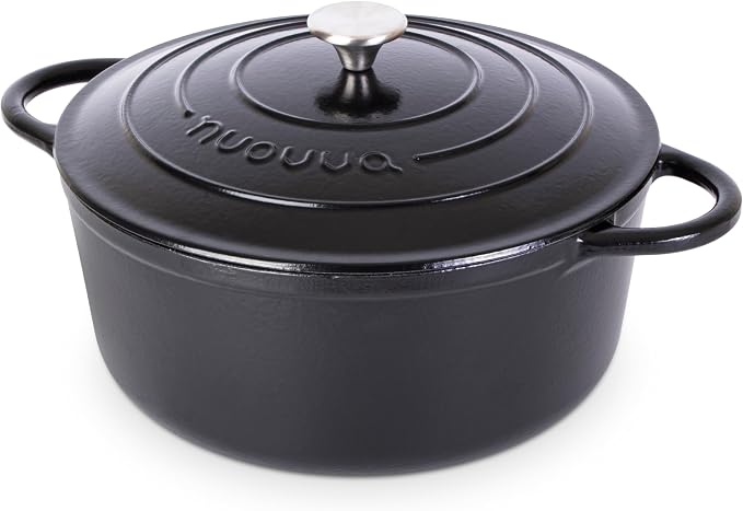 Cast Iron Dutch Oven with Lid-Non-Stick Ovenproof Enamelled Casserole Pot- Sturdy Dutch Oven Cookware - Black, 7.3- Quart, 30cm- by Nuovva