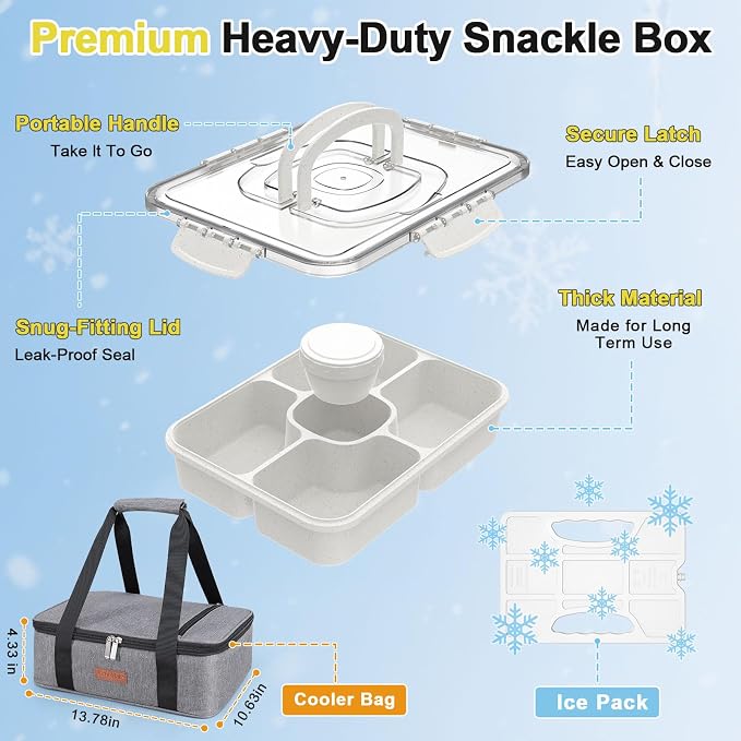 Snackle Box Container with Ice Pack & Insulated Bag - Chilled Snack Tray for Veggie Fruit Snack, Portable Divided Charcuterie with Leak-Proof Clear Lid, Dishwasher Safe, 6+Hrs Cooling