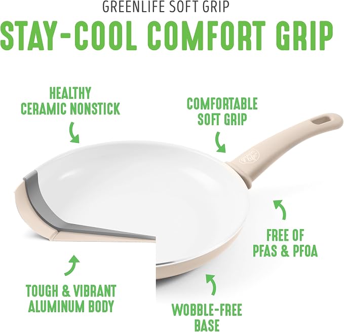 GreenLife 16 Piece Ceramic Nonstick Pots & Pans Cookware Set, Taupe | PFAS-Free Nonstick Coating, Stockpot, Frying Pans, Saucepans, Sauté Pan, Stay-Cool Handles, Dishwasher & Oven Safe up to 350F