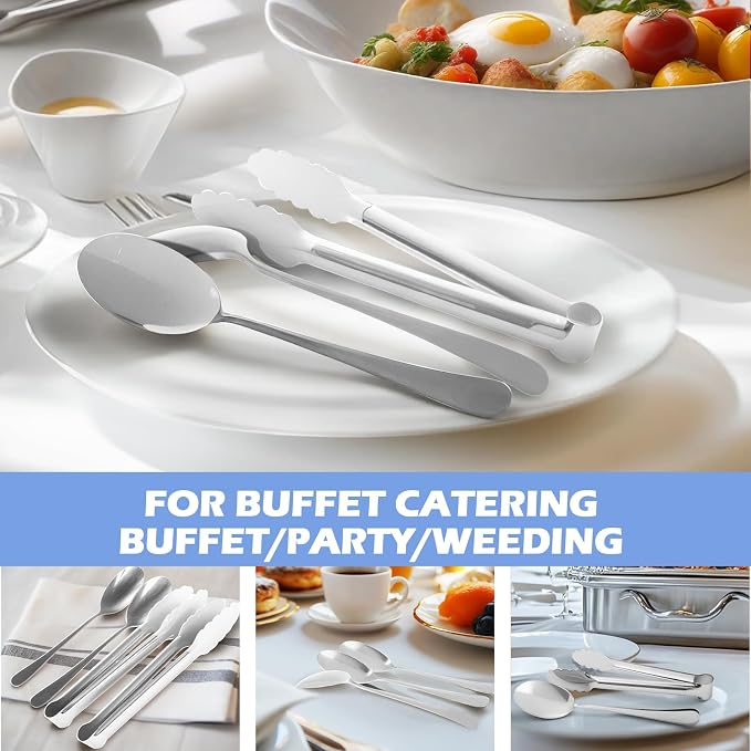 12PCS Silver Serving Utensils Set,Includes 8 large serving spoons,4 serving tongs