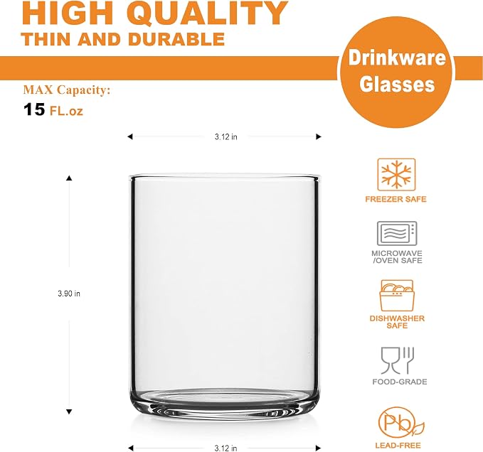 LUXU Drinking Glasses 15 oz,4pc Thin Highball Glass,Clear Short Beer Glass | Lead-Free Glassware,Clear Everyday Drinkware,Water Glasses,Mojito Glass Cups,Bar Glassware,and Mixed Drink Cocktail Glass Set