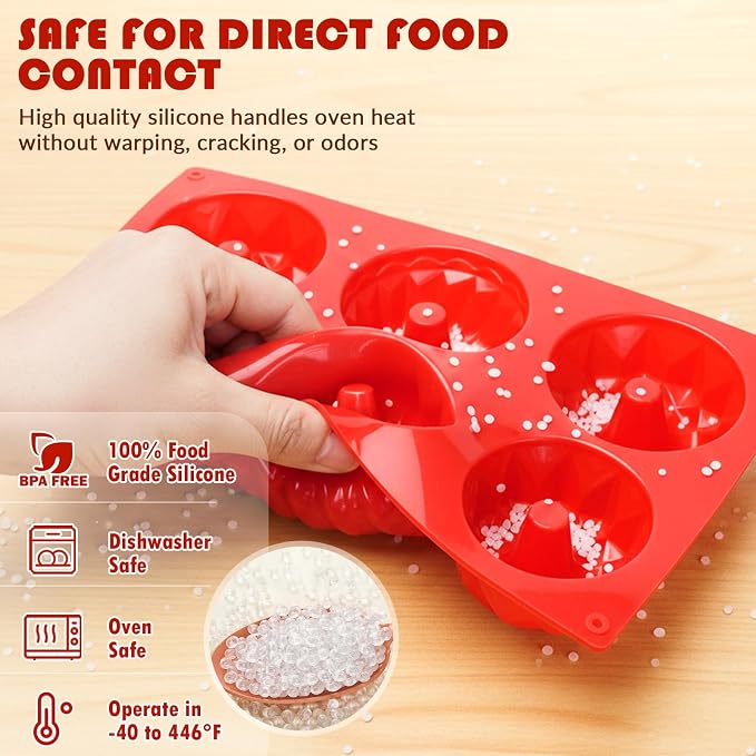 HKNMTT 2Pcs Mini Fluted Cake Pans 6-Cavity Non Stick Buntz Pan BPA Free | Food-Grade Silicone, Oven Safe, Easy Release, for Baking Cakes, Jelly, Brownie