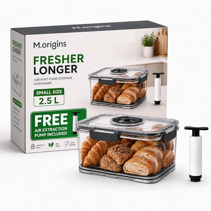 Airtight Bread Box, Kitchen Storage Container, Small 2.5L | Clear BPA-free plastic, manual air pump, date dial, silicone seal and drain tray; for small loaves, bagels and pastries
