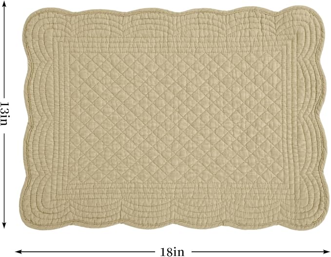 HOMBYS Quilted Placemats Set of 6 Washable-13x18 inches Rectangular Placemats for Kitchen Table-100% Cotton Fabric Rectangular Table Mats, (Khaki)