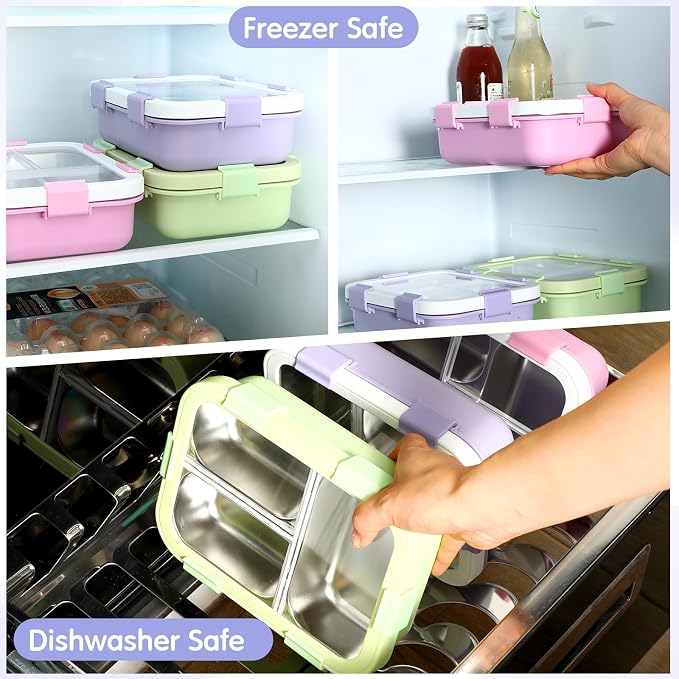 LemonRoad 3 Pcs 304 Stainless Steel Bento Box with Spoon Fork, 24 oz, Pastel