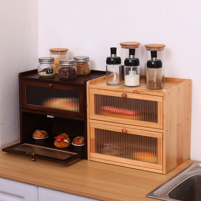 Double 2 Layer Large Bread Box for Kitchen Counter, Wooden Bread Storage Container Organizer Holder with Acrylic Window (brown)