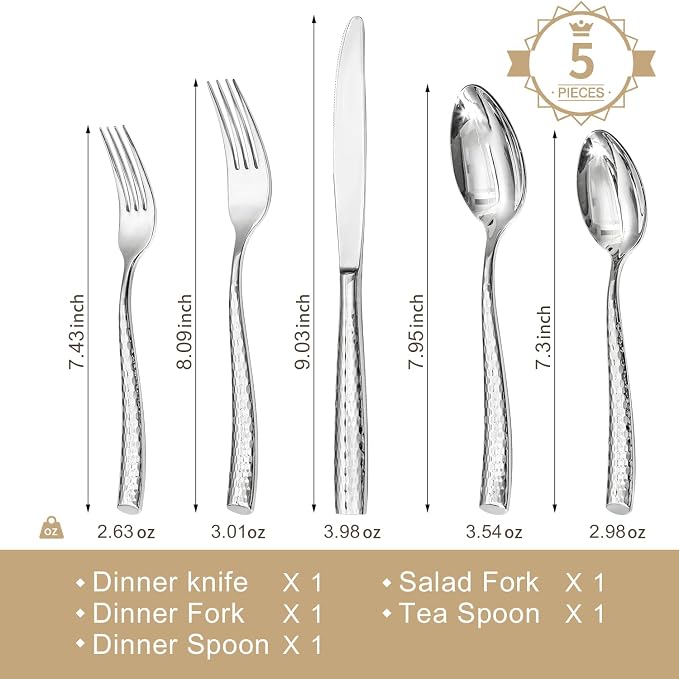 Hammered Flatware Set, 5-Piece 18/10 Stainless Steel Silverware | Heavy Duty Construction, Mirror Polished Finish, Dishwasher Safe, Elegant Utensil Set for Home, Restaurant & Occasions