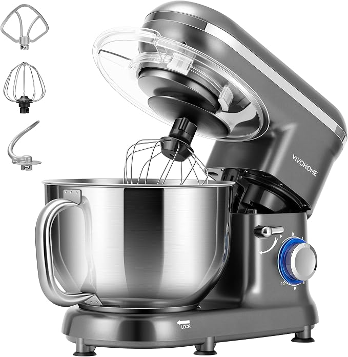VIVOHOME Stand Mixer, 6-Quart Tilt-Head Kitchen Mixer with Bowl, Gray | 10 Speeds, Dough Hook, Beater, Whisk, Splash Guard, Egg Separator, for Cake & Bread