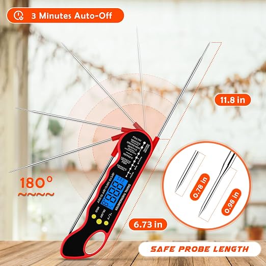TRAUSI Instant Read Meat Thermometer, Fast & Accurate Digital Food Thermometer with Backlight, Waterproof & Magnet for Grilling, Cooking, BBQ, Smoker, Baking, and Candy Making Red