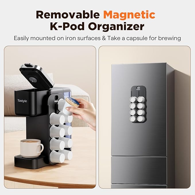 Tastyle Hot & Iced Coffee Maker with Magnetic K-Pod Holder, Fits 7.3'' Mug | Stores 10 Pods, for K Cup & Grounds, Compact for Home, Office & RV, Brew 6-24oz Coffee, 40 oz Removable Tank, K330CH, Black