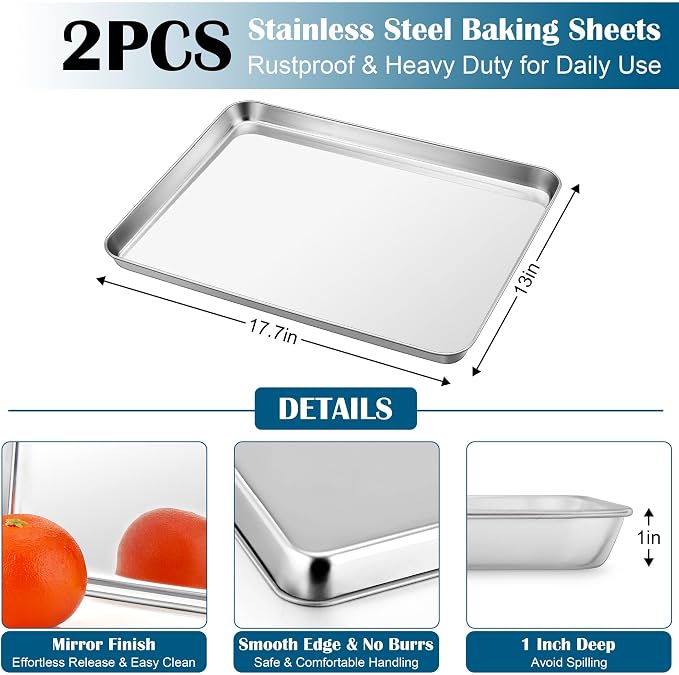 E-far Half Baking Sheet with Wire Rack, Stainless Steel 2 Pans + 2 Racks | 18 x 13 Inch Cookie Sheets Pan & Cooling Rack for Baking Cookies Cake, Non Toxic & Heavy Duty, Oven & Dishwasher Safe