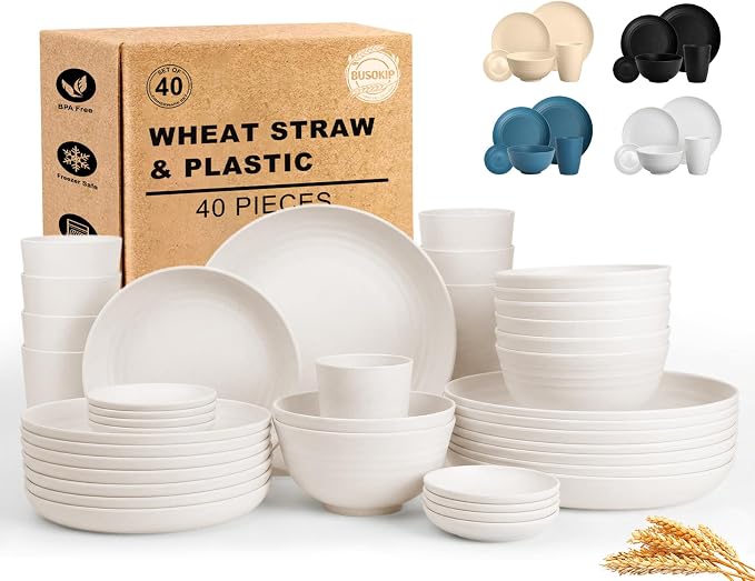 Dinnerware Sets for 8, Wheat Straw Plate and Bowl Set, Unbreakable Kitchen Set 40 Piece, Microwave and Dishwahser Safe Plates and Bowls Sets for Apartment, Kitchen, Camping, Dorm - White