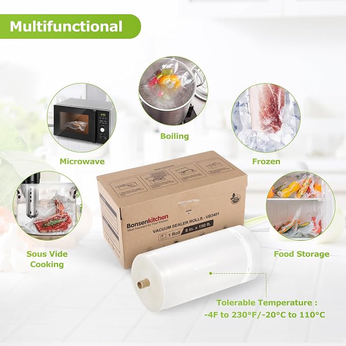 Bonsenkitchen 8” x 150’ Vacuum Sealer Bags Rolls with Cutter for Food | Commercial Grade, Meal Prep and Sous Vide Cooking, Puncture Resistant Heavy Duty Design, BPA Free Food Grade Safe Material