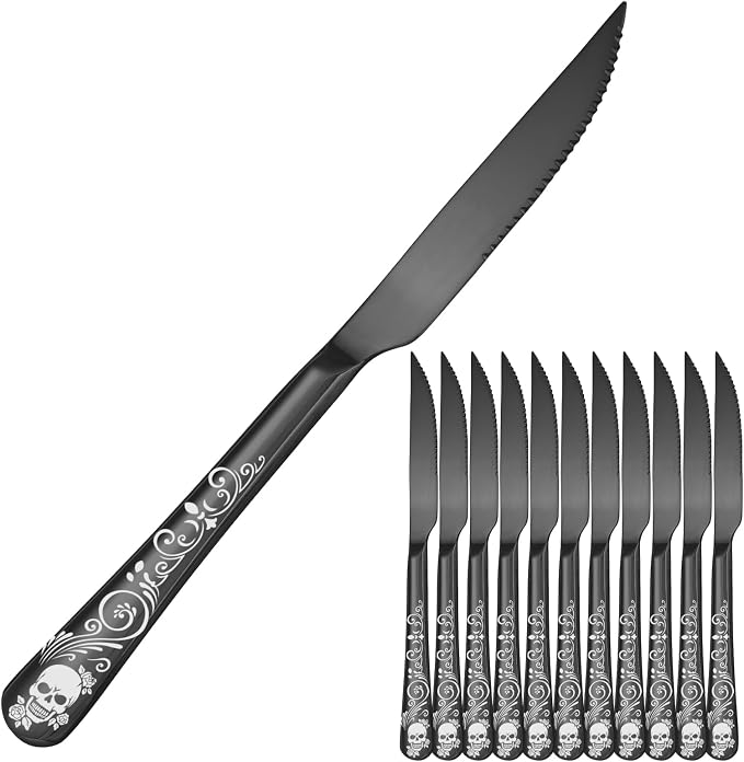 Skull Ultra Sharp 2-IN-1 Serrated Knives, SANLUNS Chef Knife Set Serrated Knives of 12 - Professional Design Collection - 18/0 Stainless Sharp Dinner Knive Unique Skull Pattern Design