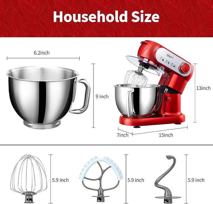 Stand Mixer, 6QT Mixers Kitchen Electric Stand Mixer, Dough Mixer Red | 600W Tilt-Head Kitchen Mixer with Stainless Steel Bowl, Dishwasher-Safe Dough Hook, Flat Beater, Wire Whisk, Splash Guard