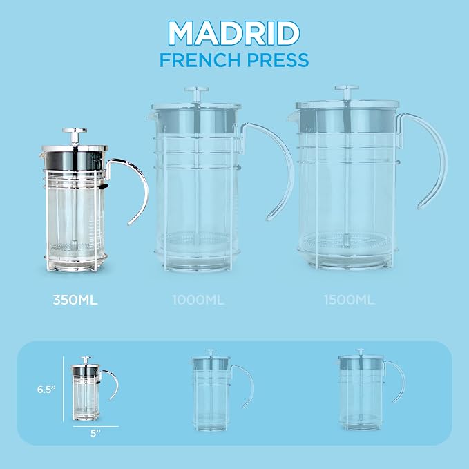 GROSCHE Madrid Glass French Press Coffee and Tea Maker, 11.8 oz (350 ml) | Borosilicate Beaker and Dual Stainless Steel Filter Brew Coffee or Tea in 3 to 4 Minutes, with Easy-to-Clean Parts