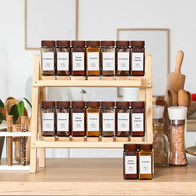 16 Pack 4 oz Glass Spice Jars with Shaker Lids& Labels Glass Bottles | Square Empty Mason Acacia Wood White Labels Kitchen Cabinet Drawer Organizer Seasoning Containers Collapsible Funnel Brush