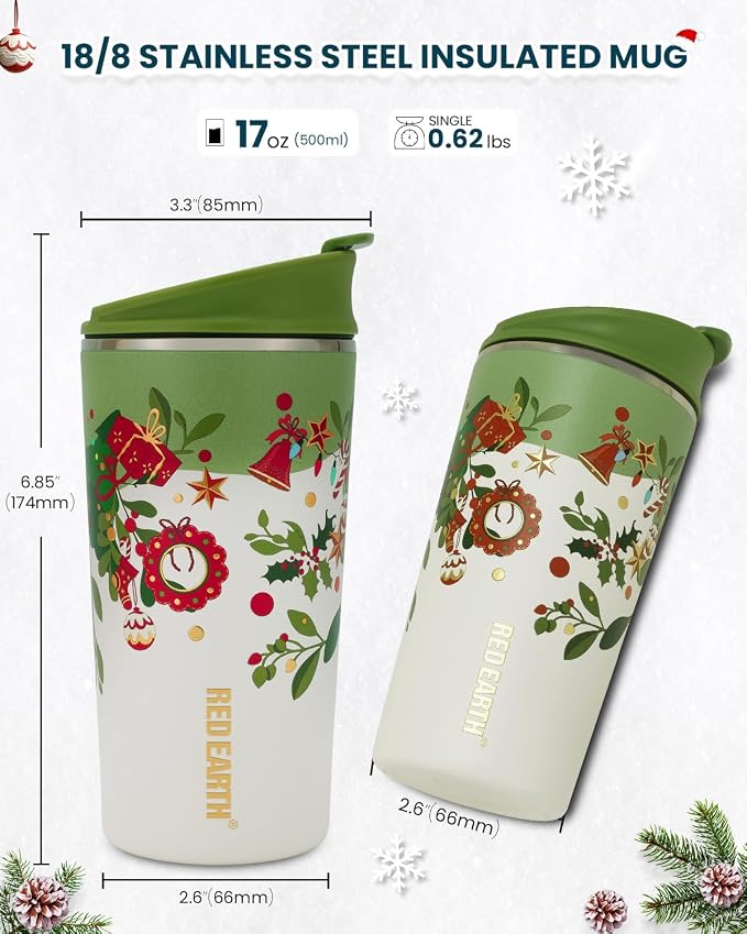GiNT 17oz Christmas Tea Cup with Infuser and Lid - 4D Gold Foil Pattern (Bells & Holly), 316 Stainless Steel Double Wall Vacuum Insulated Travel Tea Mug, Leak-Free, for Commuting/Camping Gifts