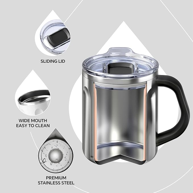 Ideus 16 oz Insulated Coffee Mug with Handle and Lid, Double Wall Stainless Steel Vacuum Thermal Coffee Mug, Travel Coffee Cup Thermal Cup for Home and Office, Snow White-FUJI FLOW