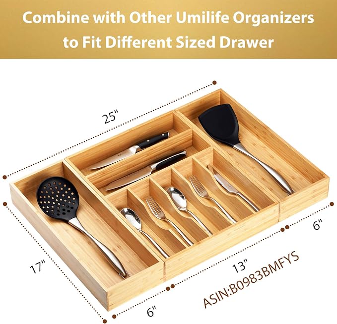Bamboo Kitchen Utensils Organizer, Extra Long High Silverware Drawer Holder, Flatware Cutlery Storage Box, Multi-Use Drawer Divider in Office, Bathroom, Pantry - 17"x6"x2.5" (Set of 2)