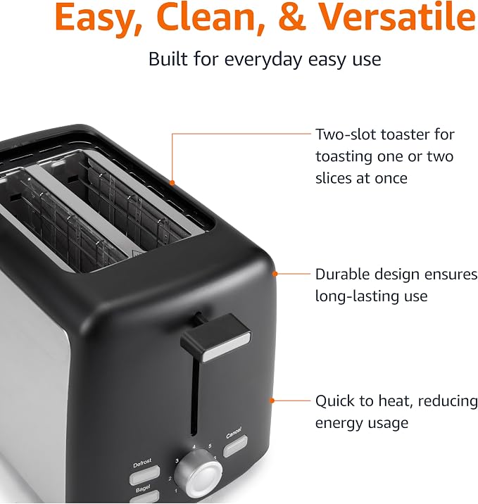 Amazon Basics 2 Slice Toaster, Extra Wide Slots for Bagels and Specialty Breads, 7 Browning Levels, Removable Crumb Tray, Defrost/Cancel/Bagel Buttons, 800W, Black & Silver