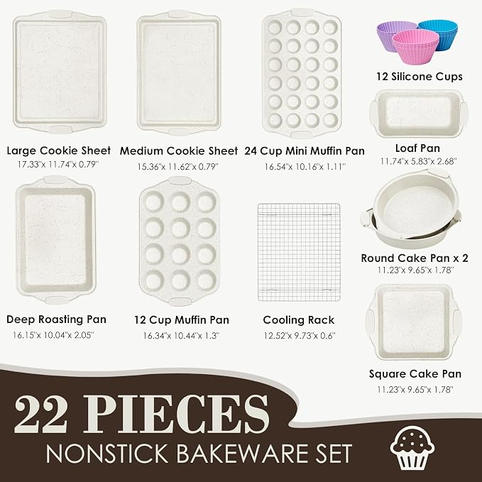 Baking Pans Set Nonstick, Stackable Bakeware Sets with Silicone Handles, AIVIKI 22 Pieces Oven Pan for Cooking Including Baking Cookie Sheet with Rack, Roast Pan, Cake Pan, Loaf Pan, Muffin Pan, Cream