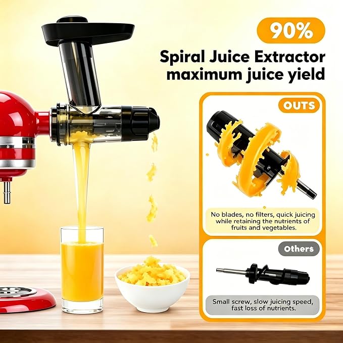 Juicer Attachment for Kitchen aid Stand Mixers, Large Feed Chute | Masticating Juicer for apples,oranges,red beet,celery,carrots, leafy greens with high yield, easy disassembly and hand-wash