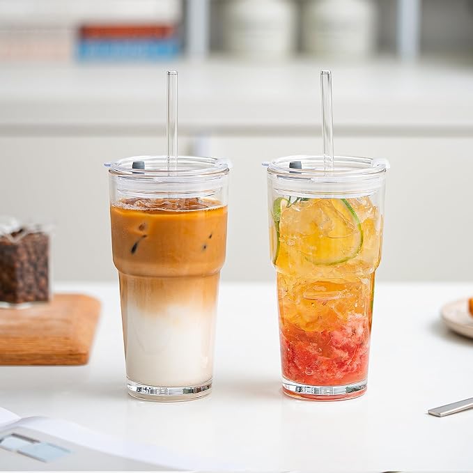 SoulTimes 20oz Clear Glass Tumbler with Lid and Straw – Iced Coffee Glasses Cups for Smoothie, Matcha, Juice, Water etc. Leakproof and Reusable Glassware Drinking for Travel To Go 【2 Pack】