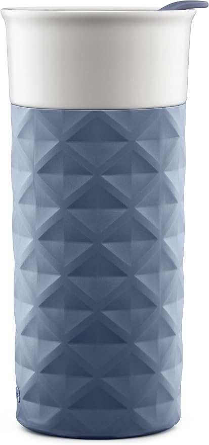 Ello Ogden BPA-Free Ceramic Travel Mug with Lid, Evening Blue, 16 oz | Splash-resistant ceramic travel mug with slider lid and protective silicone sleeve. BPA-free, great for coffee and tea.