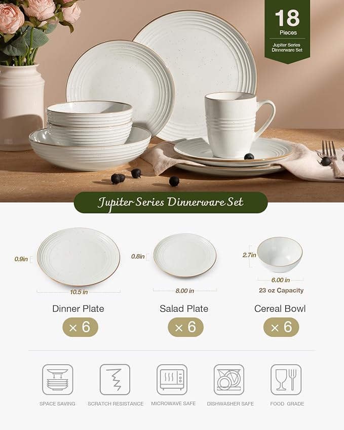 Famiware Jupiter Stoneware Dinnerware Sets, 18-Piece Speckled Dishes for 6 | Ceramic Plates & Bowls with Rim, Chip & Scratch Resistant, Microwave & Dishwasher Safe, Everyday & Formal Use, Neutral White