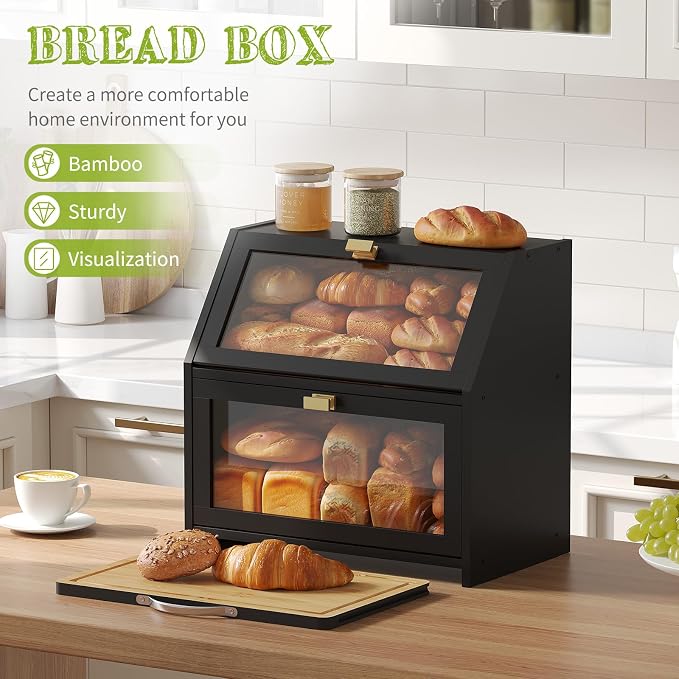 BMOSU Bread Box with Cutting Board for Kitchen Countertop Corner Bread box Double Layer Bamboo Extra Large Capacity Bin Kitchen Food Storage Container (Black)