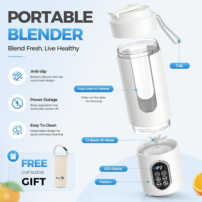Beyn 530mL Portable Blender, Personal Smoothie Maker, USB-C Cordless, 12 Stainless Steel Blades, Leakproof Travel Cup, Digital One-Touch Self-Clean for Gym Home Office, (White)