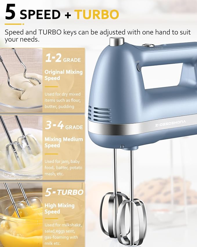 Electric Hand Mixer, Powerful Hand Mixer Electric Handheld with 304*(2*Beaters, 2*Dough Hooks),(1*Storage Bag) Hand Held Mixer with Turbo for Baking Cakes,Cream(Blue)