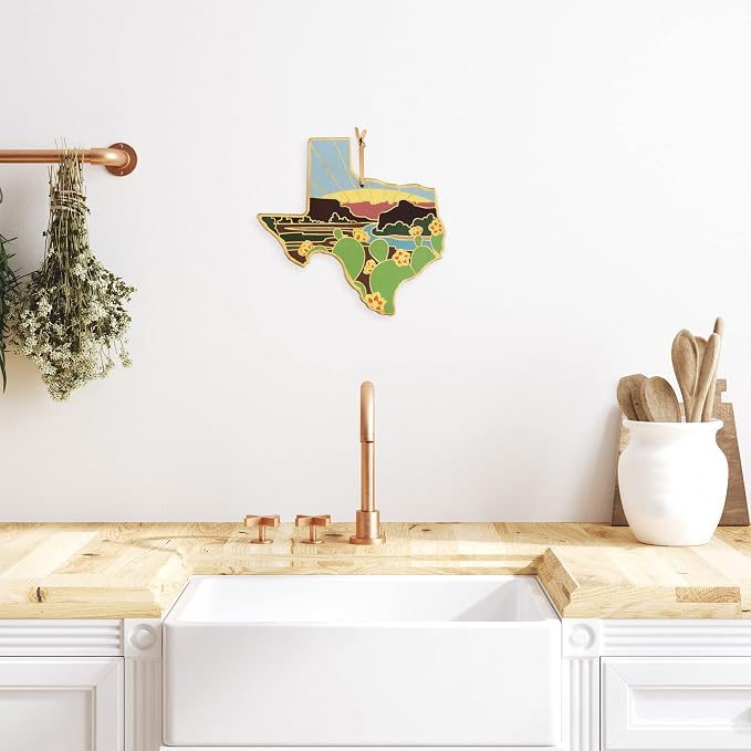 Totally Bamboo Texas State Shaped Cutting Board, Summer Stokes Art | State charcuterie board with colorful hand-drawn landscape art. Smooth reverse side for food prep. Hang tie for wall display.