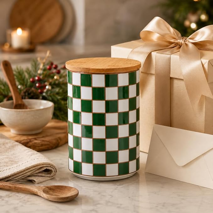 Kitchen Countertop Ceramic Checkered Canisters,Black And White Food Storage Containers With Lid,Airtight Kitchen Canisters for Flour, Sugar, Coffee, Tea, and Dry Goods (Green, XL)