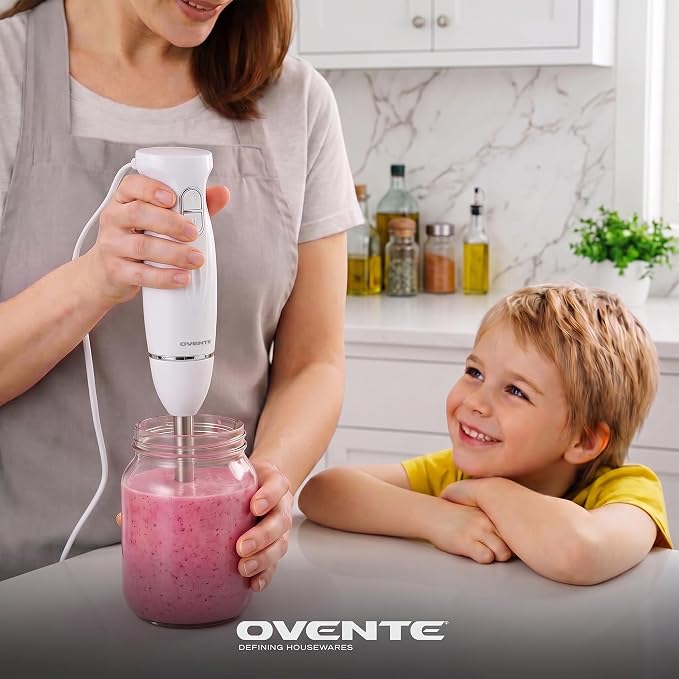 OVENTE Electric Corded Hand Blender, 300W with 2 Mixing Speeds White HS560W | Handheld Immersion Stick Mixer with Stainless Steel Blades for Smoothies, Purees & Baby Food
