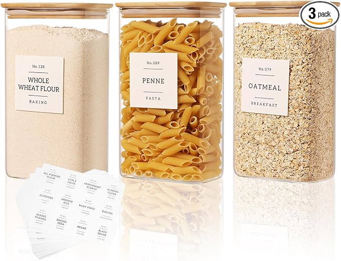 3 Pack Square Glass Pantry Storage Containers with 132 Kitchen Food Pantry Labels - 51 floz Clear Glass Pantry Jars with Airtight Wood Bamboo Lids - Glass Canisters for Candy, Cereal, Coffee, Spice