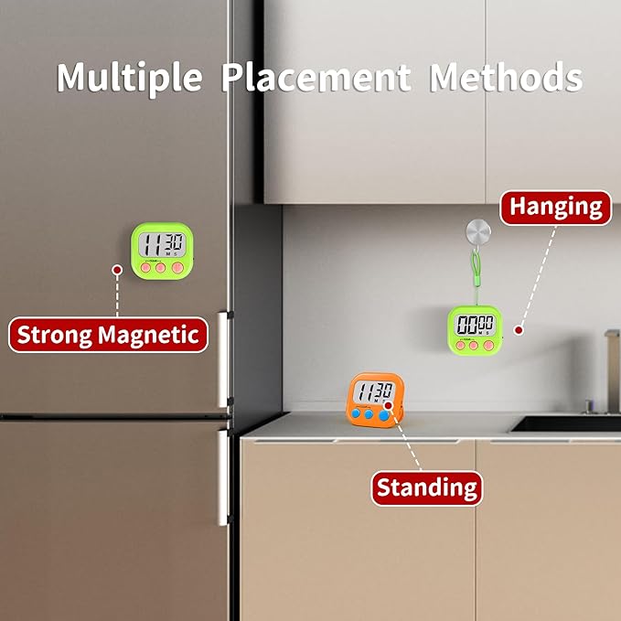 Timer for Kids Digital Kitchen Timers for Cooking- 4 Pack Orange Green | Countdown Timer for Classroom Study Exercise Teacher Supplies, Strong Magnetic, Loud Alarm, Large Screen, Fast Reset, Memory