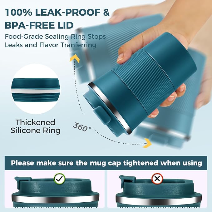 Volhoply 13 oz Stainless Steel Insulated Travel Coffee Mug with Fip Lid Bulk 2 Pack,Reusable Double Wall Vacuum Metal Coffee Cup,Portable Leak Proof Thermal Tumbler for Hot & Cold Drinks(Bule,2)
