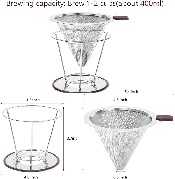 Pour Over Coffee Dripper Stainless Steel Coffee Filter Metal Cone Filter Paperless Reusable Single Cup Maker 1-2 Cup With Non-slip and Removable Cup Stand
